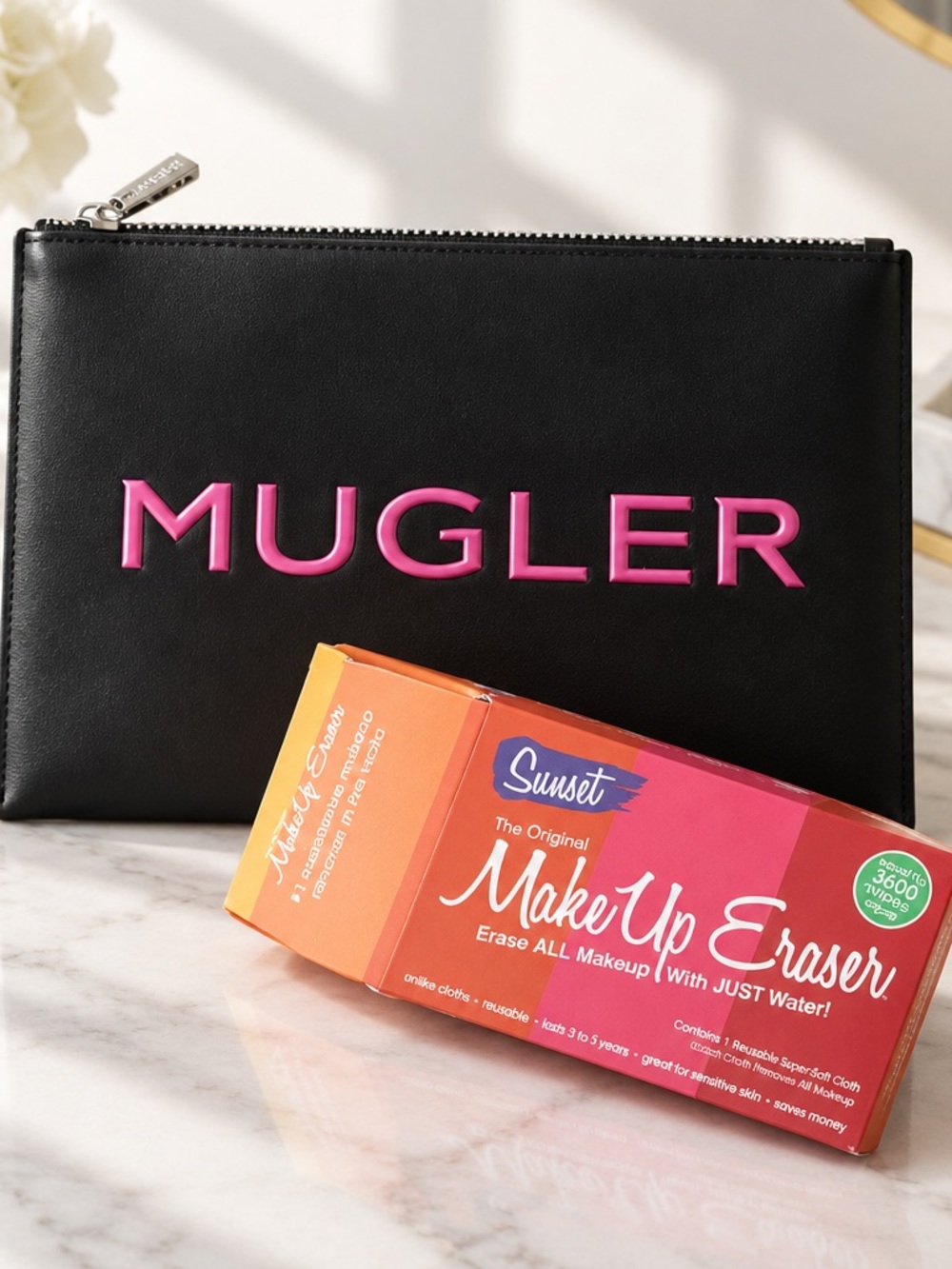 MUGLER Black Makeup Pouch with Pink Logo and Makeuo Eraser